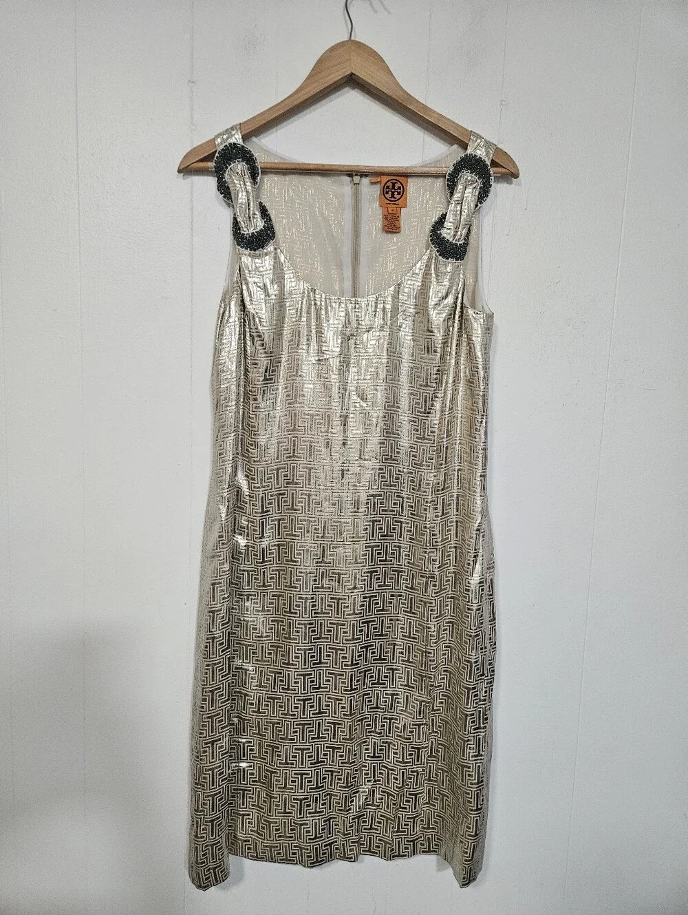 Tory Burch Metallic Gold Geometric Slip Dress with Beaded Straps